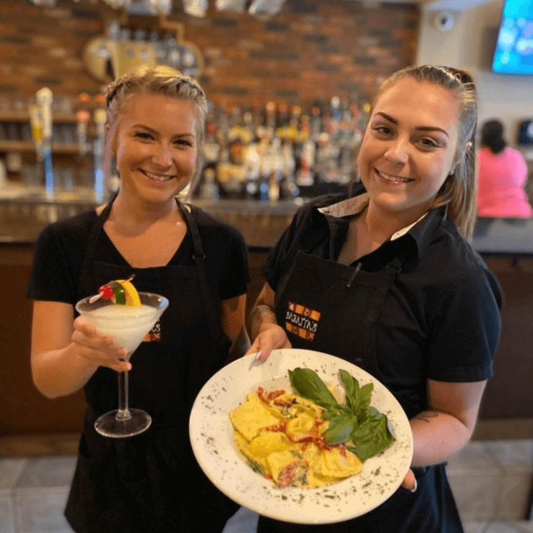 Baratta's servers holding food and drink